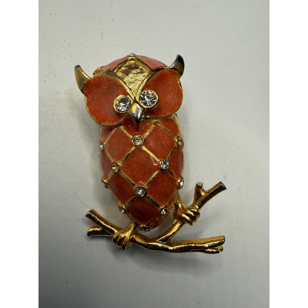 Vintage Marcel Boucher Owl Brooch‎ Orange Enamel Rhinestone Gold Tone 8865P Pin
